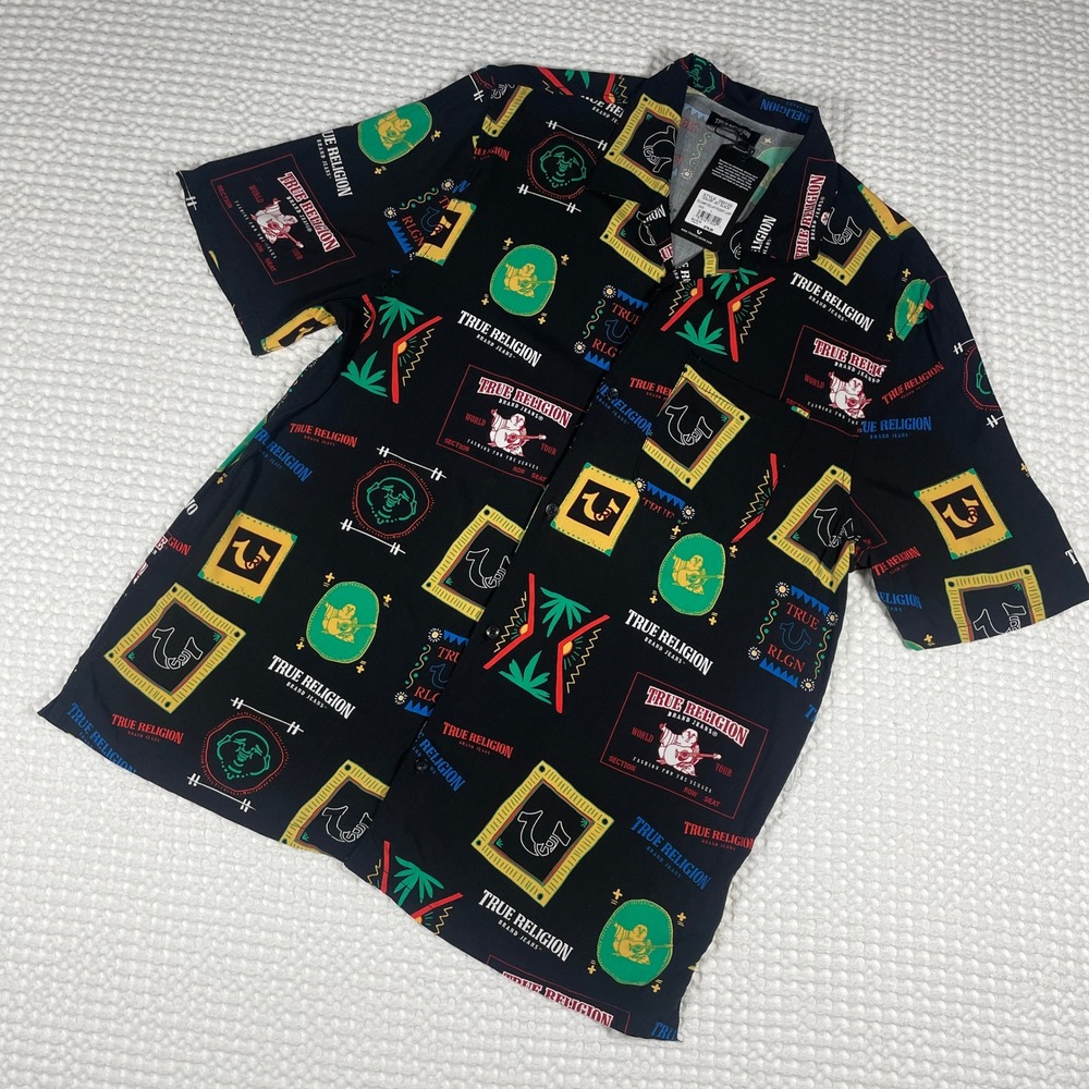 True Religion Resort Shirt Mens Large Black NWT SS Camp Collar Graphic Buddha